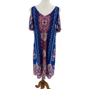 Paisley Print Cold Shoulder Dress Flowy Mandala Boho Midi Msk, Size L